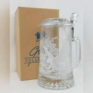 1997 AVON American Eagle Etched Glass Tankard Pewter Lid  Beer Stein - New